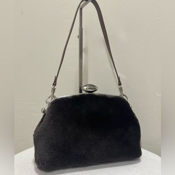 Real Shearling Leather Handmade Push Lock Frame Shoulder Bag, Crossbody - Picture 9 of 15